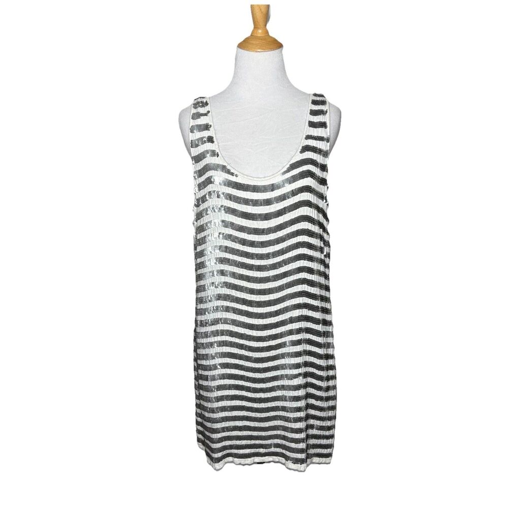 French Connection White Silver Sequin Striped Flapper Shift Tank Dress Size 10